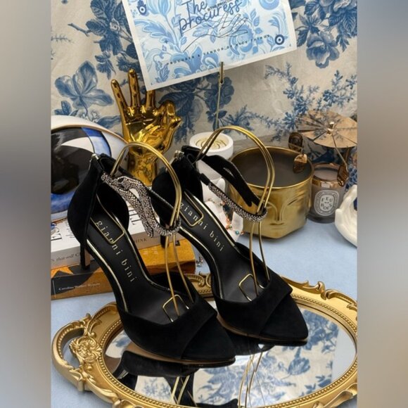 🆕 GIANNI BINI 🧿 NWOB August Embellished Snake Sandals, Black Suede - Sz US 7 M - Picture 2 of 13